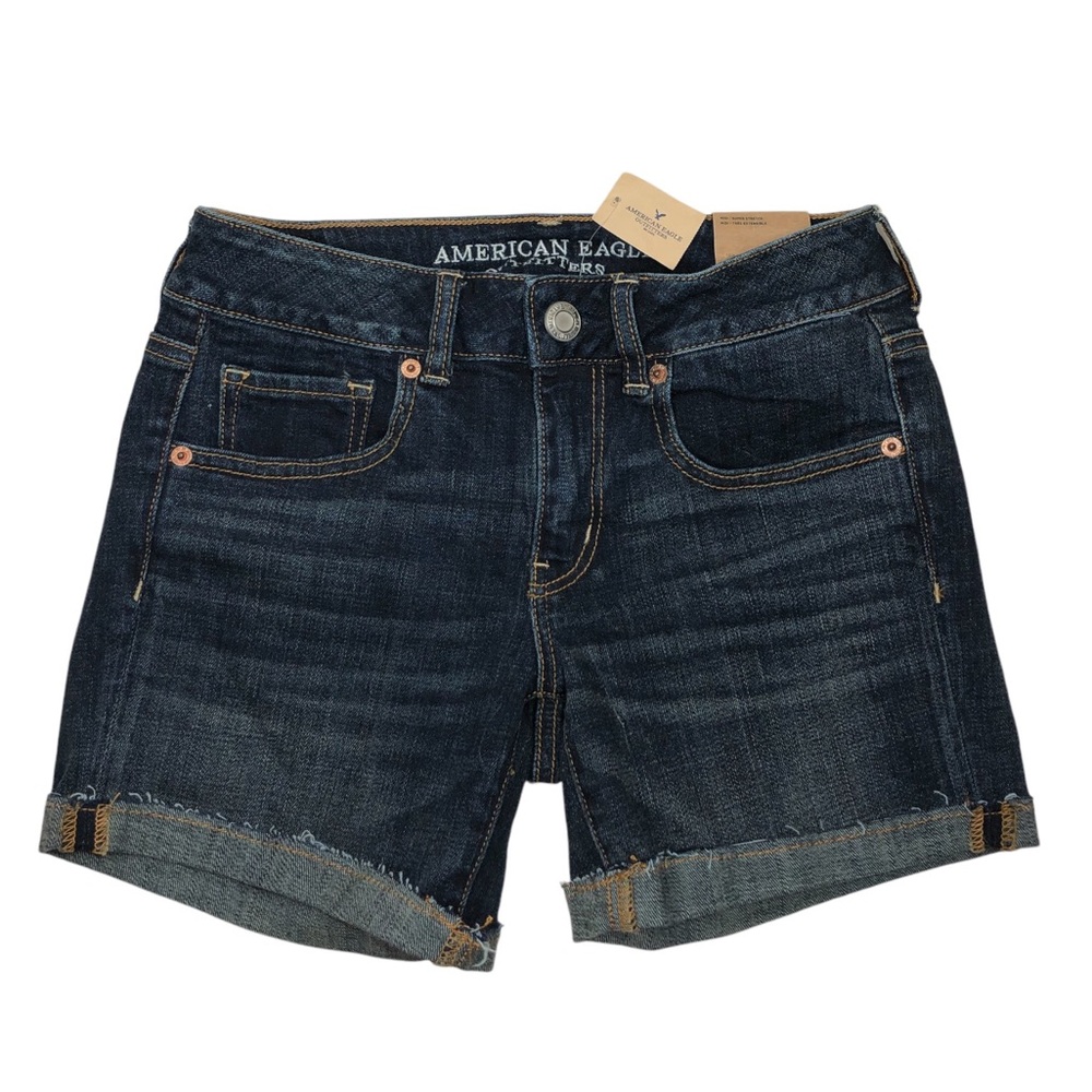 AE Super Stretch Dark Wash Low-Rise MIDI Denim Jeans Shorts 4